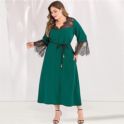 

Women's Green Dress Casual Elegant Spring & Summer Party Daily A Line Sheath Lace Solid Color Flare Cuff Sleeve Lace L XL