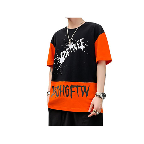 

Men's Color Block Graphic T-shirt - Cotton Daily Round Neck White / Black / Orange / Short Sleeve