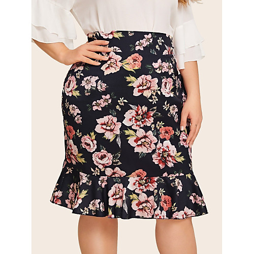 

Women's Going out / Casual / Daily Basic A Line Skirts - Floral Black XL XXL XXXL
