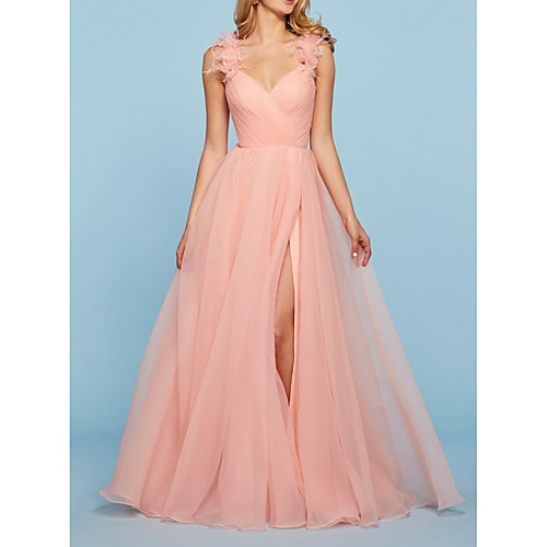 

A-Line V Neck Sweep / Brush Train Tulle Elegant / Pink Engagement / Prom Dress with Split / Appliques 2020