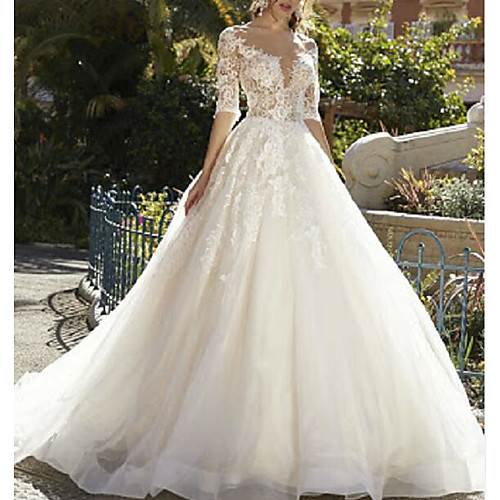 

Ball Gown V Neck Sweep / Brush Train Polyester / Tulle Half Sleeve Country Plus Size Wedding Dresses with Embroidery / Appliques 2020