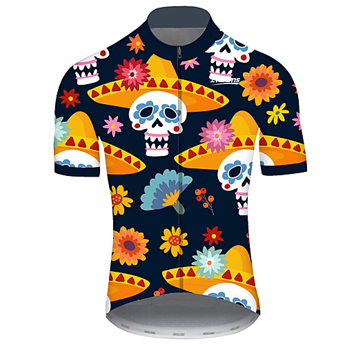 

21Grams Men's Short Sleeve Cycling Jersey 100% Polyester Black / Yellow Geometic Skull Floral Botanical Bike Jersey Top Mountain Bike MTB Road Bike Cycling UV Resistant Breathable Quick Dry Sports