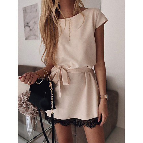 

Women's Khaki White Dress Active Going out A Line Solid Color Crew Neck Lace Patchwork Basic S M Loose