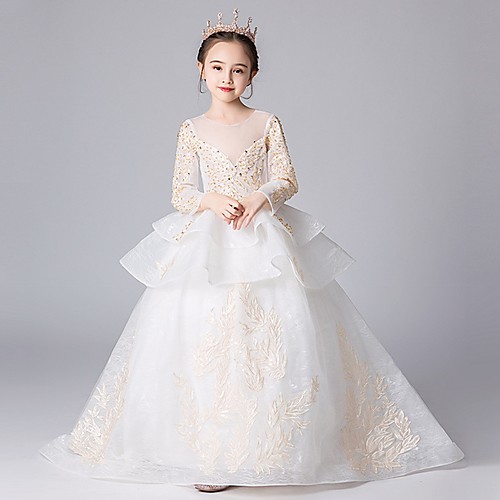 

Ball Gown Court Train Party / Pageant Flower Girl Dresses - Polyester Long Sleeve Jewel Neck with Tier / Paillette