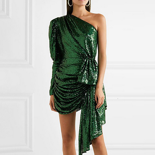 

Sheath / Column Sexy Sparkle Homecoming Cocktail Party Dress One Shoulder Long Sleeve Short / Mini Sequined with Ruched Sequin Draping 2020