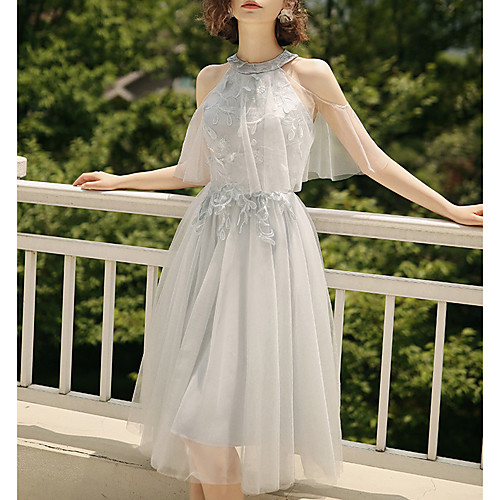 

A-Line Halter Neck Tea Length Tulle Bridesmaid Dress with Pleats / Illusion Sleeve