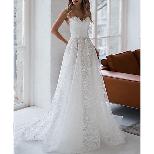 

A-Line Wedding Dresses Jewel Neck Sweep / Brush Train Tulle Polyester Sleeveless Country Plus Size Illusion Sleeve with Beading 2020