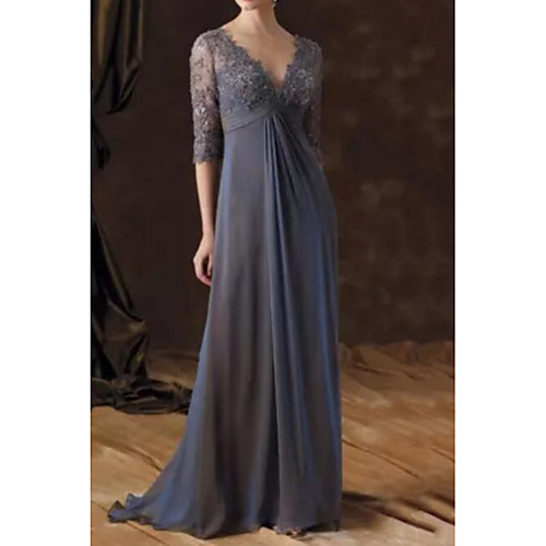 

A-Line V Neck Sweep / Brush Train Chiffon / Lace Half Sleeve Elegant Mother of the Bride Dress with Pleats / Draping Mother's Day 2020