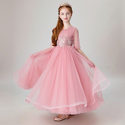 

A-Line Floor Length Party / Pageant Flower Girl Dresses - Polyester Half Sleeve Jewel Neck with Faux Pearl / Tier / Appliques