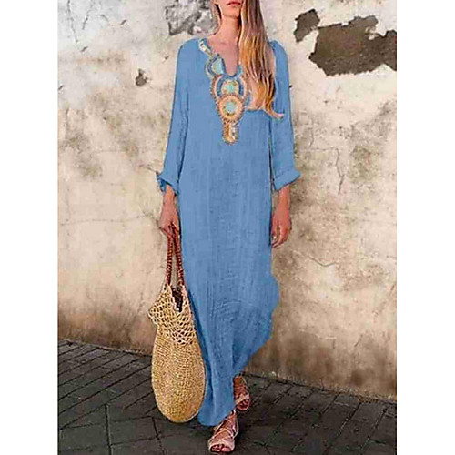 

Women's Maxi Shift Dress - Long Sleeve Solid Color V Neck Elegant Loose White Yellow Khaki Light Blue S M L XL XXL XXXL