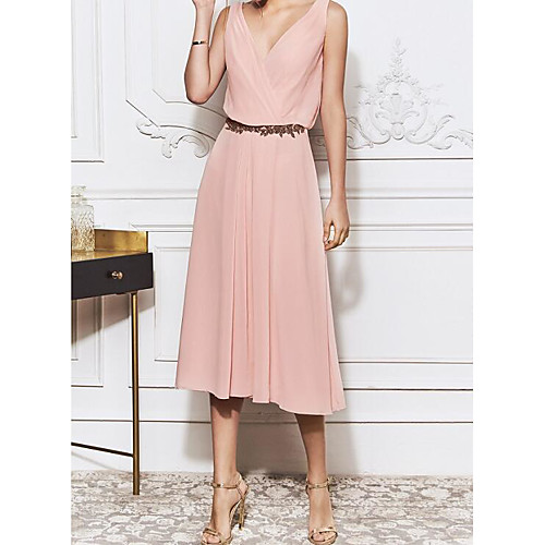 

Sheath / Column V Neck Knee Length Chiffon Elegant / Pink Homecoming / Cocktail Party Dress with Sash / Ribbon 2020