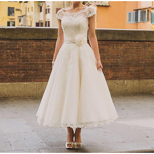 

A-Line Jewel Neck Ankle Length Polyester Short Sleeve Vintage Plus Size Wedding Dresses with Sashes / Ribbons / Lace Insert 2020
