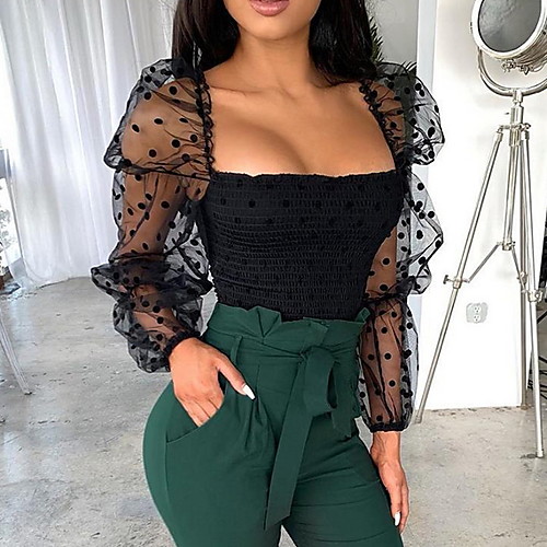 

Women's Daily T-shirt - Solid Colored Mesh / Patchwork Off Shoulder Black