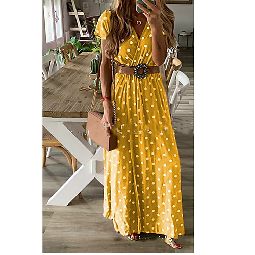 

Women's Maxi Shirt Dress - Short Sleeves Polka Dot V Neck Loose Yellow Orange Brown S M L XL