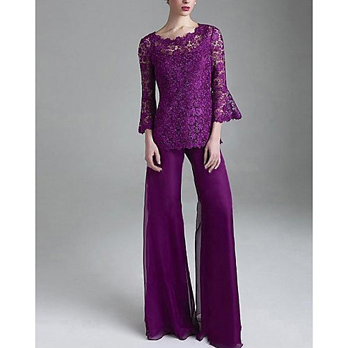 

Pantsuit / Jumpsuit Scalloped Neckline Floor Length Chiffon / Lace Long Sleeve Elegant Mother of the Bride Dress with Lace Mother's Day 2020