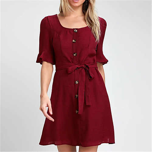 

Women's Wine Army Green Dress Chiffon Solid Color U Neck S M
