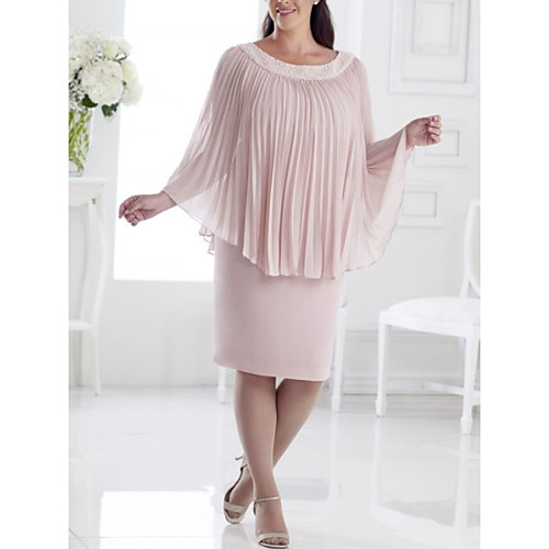

Sheath / Column Jewel Neck Ankle Length / Knee Length Chiffon / Satin Long Sleeve Elegant Mother of the Bride Dress with Pleats / Beading Mother's Day 2020