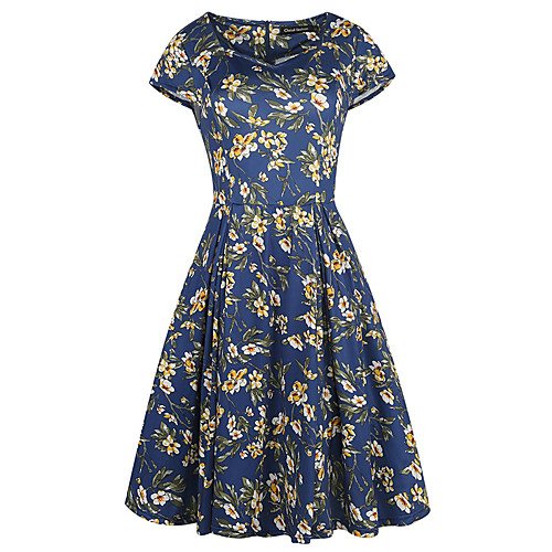 

Women's Blue White Dress Vintage Style Casual Party Daily Swing Floral Print Print S M