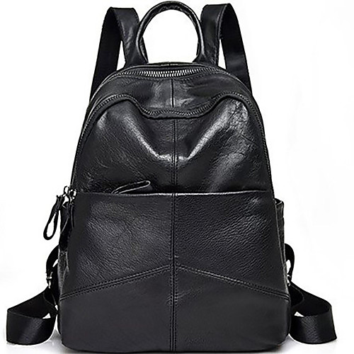 

Large Capacity Cowhide Zipper Commuter Backpack Solid Color Daily Black