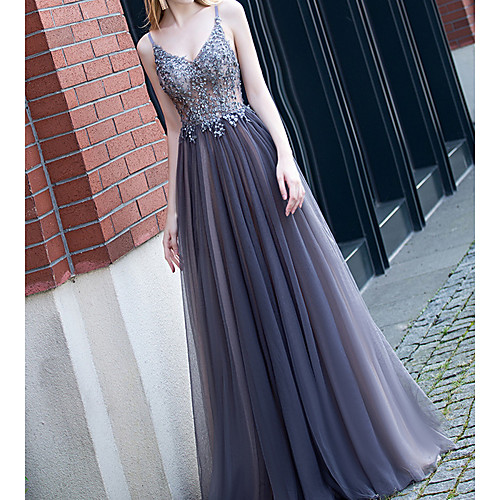 

A-Line Spaghetti Strap Floor Length Polyester Sparkle / Blue Engagement / Prom Dress with Appliques 2020