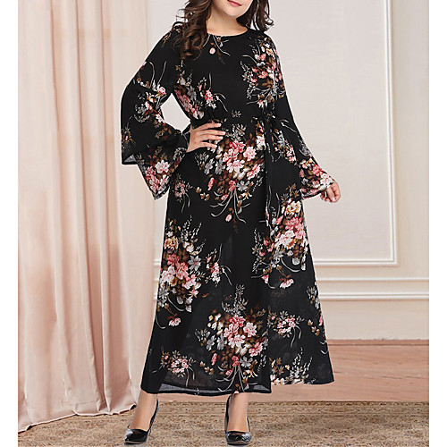 

Women's Plus Size Maxi A Line Dress - Long Sleeve Floral Print Casual Vintage Party Daily Flare Cuff Sleeve Belt Not Included Loose Black XL XXL XXXL XXXXL XXXXXL