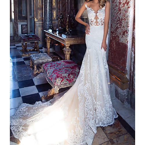 

Mermaid / Trumpet Jewel Neck Court Train / Sweep / Brush Train Lace / Tulle Sleeveless Country Plus Size Wedding Dresses with Lace / Embroidery 2020
