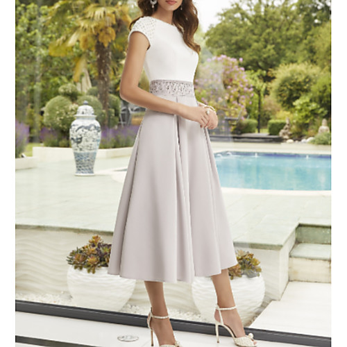 

A-Line Jewel Neck Ankle Length Polyester Short Sleeve Elegant Mother of the Bride Dress with Pleats Mother's Day 2020