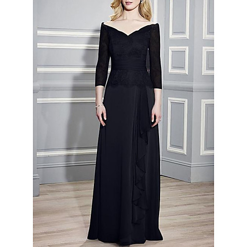 

Sheath / Column V Neck Floor Length Chiffon / Lace 3/4 Length Sleeve Elegant Mother of the Bride Dress with Lace / Pleats Mother's Day 2020