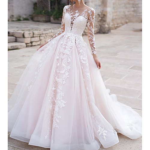 

Ball Gown Wedding Dresses Jewel Neck Court Train Polyester Long Sleeve Country Plus Size with Appliques 2020