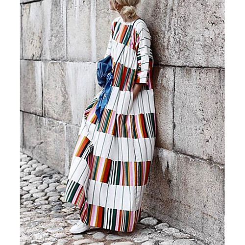 

Women's White Dress Basic Spring & Summer Daily Loose Rainbow Black White Blue Patchwork S M