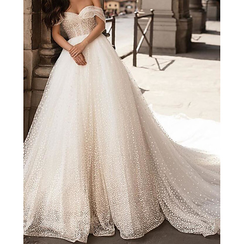 

Ball Gown Off Shoulder Chapel Train Polyester / Tulle Short Sleeve Country Plus Size Wedding Dresses with Pearls / Appliques 2020