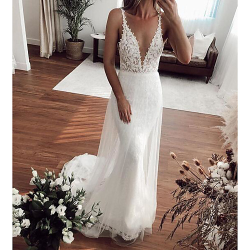 

Mermaid / Trumpet Wedding Dresses Plunging Neck Sweep / Brush Train Lace Tulle Sleeveless Country Plus Size with Embroidery 2020