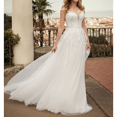 

A-Line Jewel Neck Sweep / Brush Train Tulle Cap Sleeve Country Plus Size Wedding Dresses with Embroidery / Appliques 2020
