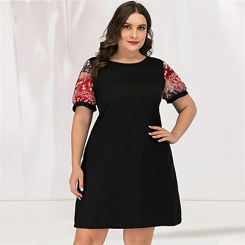 

Women's Plus Size A Line Dress - Short Sleeves Color Block Patchwork Casual Cute Daily Going out Belt Not Included Black Yellow Blushing Pink L XL XXL