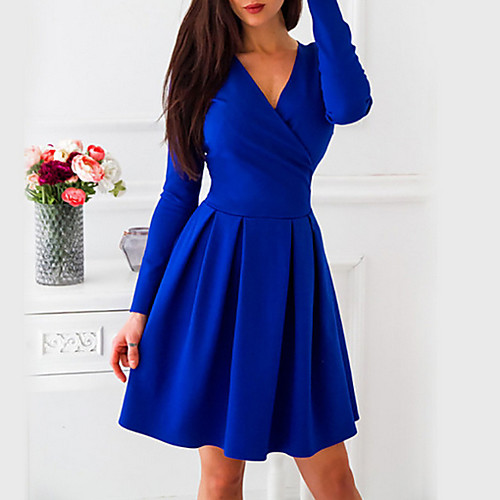 

Women's Wine Blue Dress A Line Solid Colored V Neck S M