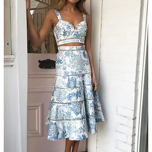 

Two Piece Sweetheart Neckline Ankle Length Polyester Floral / Maxi Homecoming / Cocktail Party Dress with Beading / Pattern / Print 2020