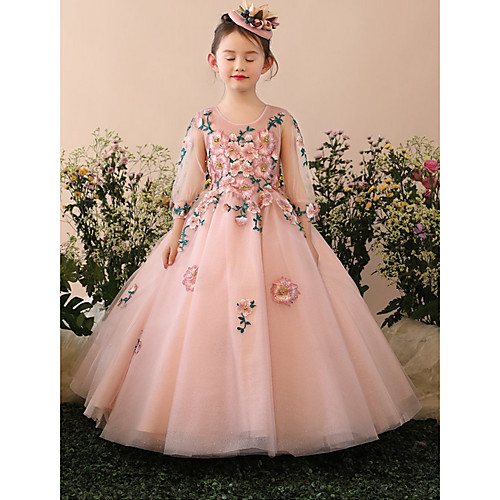 

Ball Gown Floor Length Party / Birthday Flower Girl Dresses - Tulle Long Sleeve Jewel Neck with Lace / Tier / Appliques