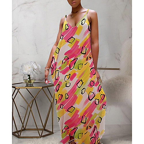 

Women's Maxi Orange Dress Swing Geometric Strap S M