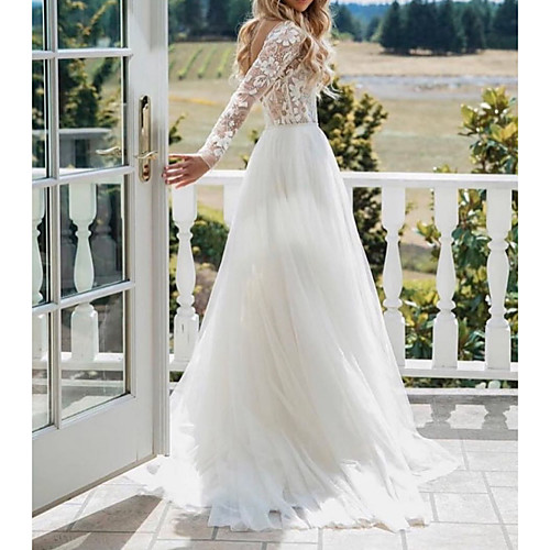 

A-Line V Neck Sweep / Brush Train Polyester Long Sleeve Sexy Plus Size Wedding Dresses with Lace / Embroidery 2020