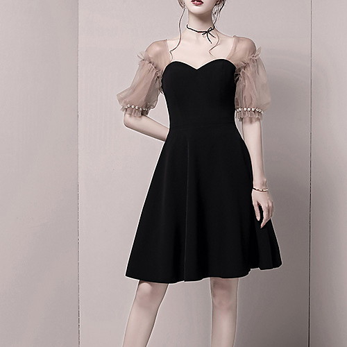 

A-Line Sweetheart Neckline Short / Mini Spandex Little Black Dress / Black Homecoming / Cocktail Party Dress with Pearls 2020