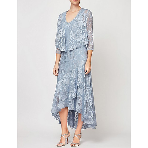 

A-Line Mother of the Bride Dress Elegant V Neck Asymmetrical Lace 3/4 Length Sleeve with Pleats 2020