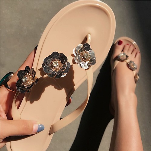 

Women's Slippers & Flip-Flops 2020 Flat Heel Open Toe Sparkling Glitter PVC Casual Spring & Summer Almond / Clear / Black