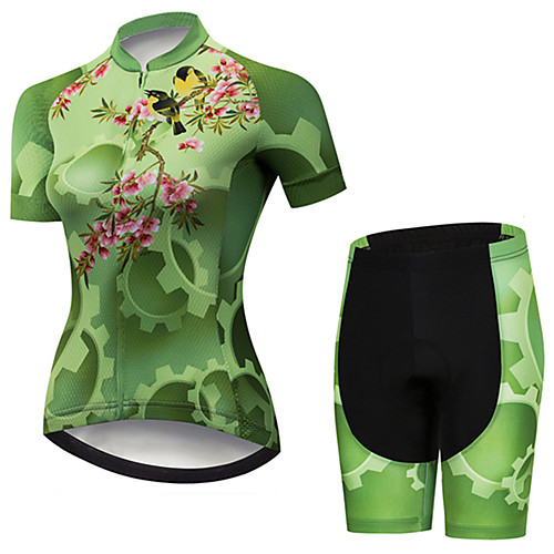 

21Grams Women's Short Sleeve Cycling Jersey with Shorts Black / Green Floral Botanical Bird Gear Bike Clothing Suit Breathable 3D Pad Quick Dry Ultraviolet Resistant Sweat-wicking Sports Floral
