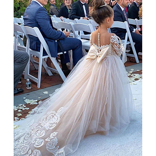 

Ball Gown Court Train Wedding Flower Girl Dresses - Polyester 3/4 Length Sleeve Boat Neck with Bow(s) / Solid