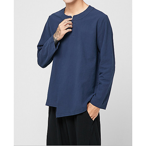 

Men's Plus Size Solid Colored Shirt - Linen Daily Round Neck White / Black / Navy Blue / Long Sleeve