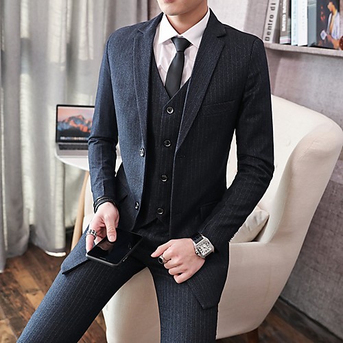 

Men's Suits, Striped Notch Lapel Polyester Light gray / Dark Gray