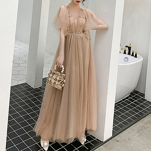 

A-Line V Neck Floor Length Tulle Sparkle / Gold Engagement / Prom Dress with Sequin 2020