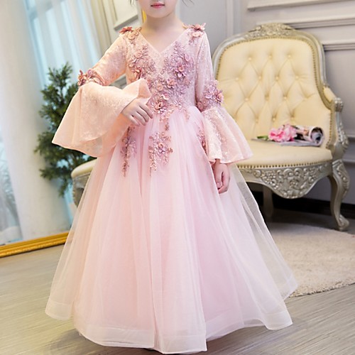 

A-Line Floor Length Party / Pageant Flower Girl Dresses - Polyester Long Sleeve V Neck with Faux Pearl / Appliques