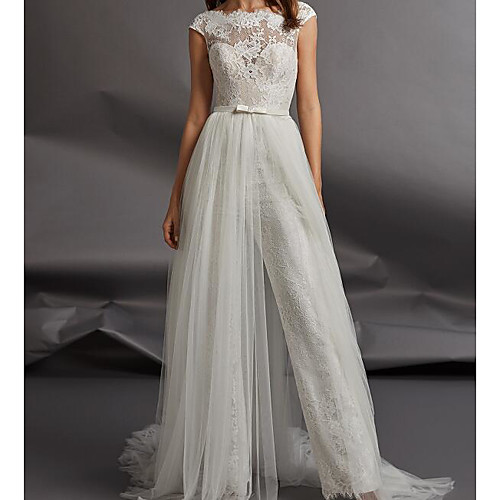 

Jumpsuits Jewel Neck Floor Length / Detachable Lace / Tulle Cap Sleeve Country Plus Size Wedding Dresses with Sashes / Ribbons / Appliques 2020