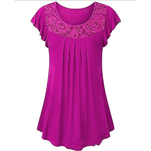 

Women's Plus Size Solid Colored Lace Pleated T-shirt Daily Wine / Black / Blue / Purple / Blushing Pink / Fuchsia / Green / Royal Blue